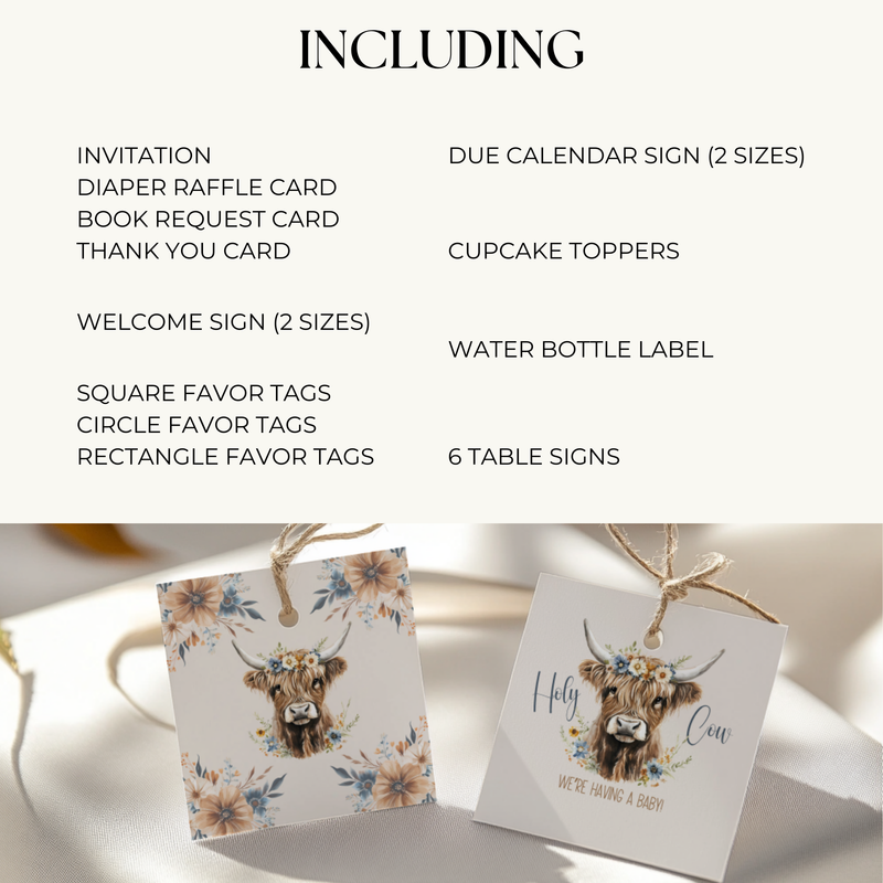 Baby Shower Mega Bundle - Holy Cow Boho Highland Cow Beige Blue Floral BS75
