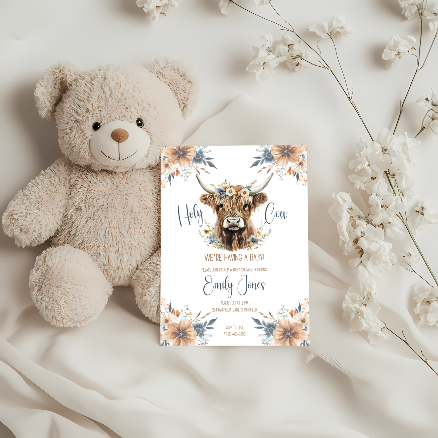 Baby Shower Invitation - Holy Cow Boho Highland Cow with Blue Flowers BS75