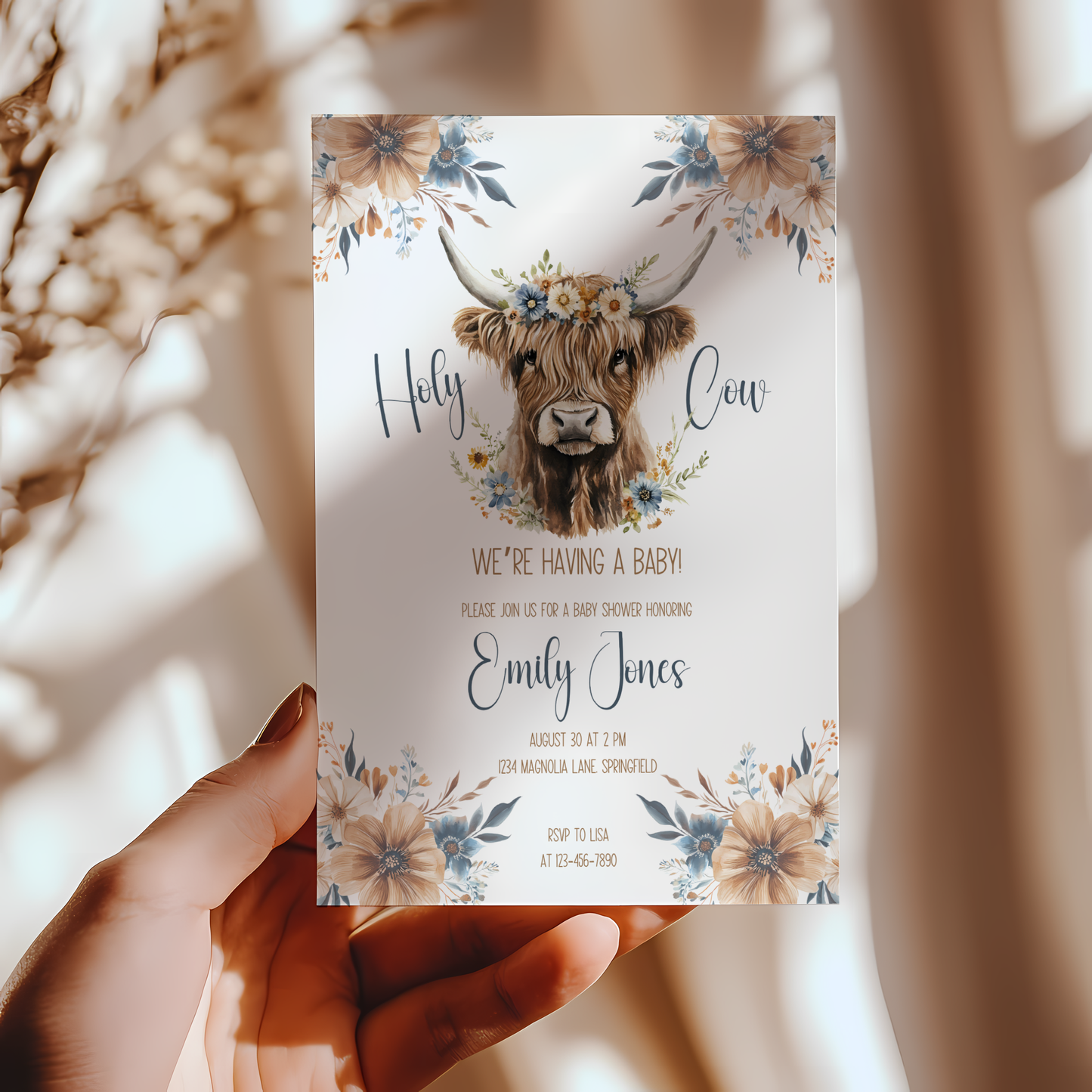 Baby Shower Invitation Bundle - Holy Cow Boho Highland Cow with Blue Flowers BS75