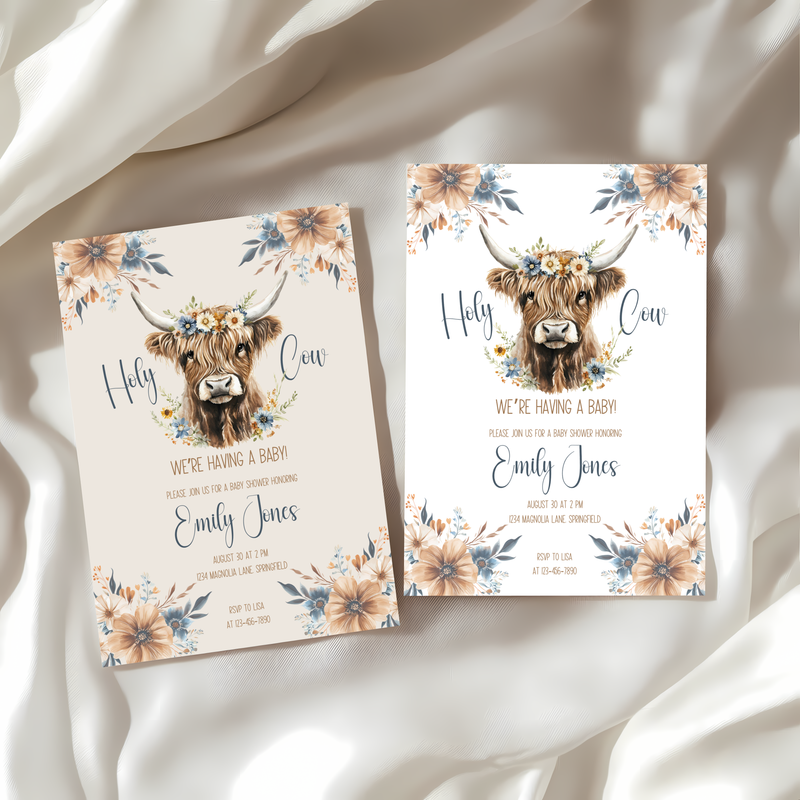 Baby Shower Invitation Bundle - Holy Cow Boho Highland Cow with Blue Flowers BS75