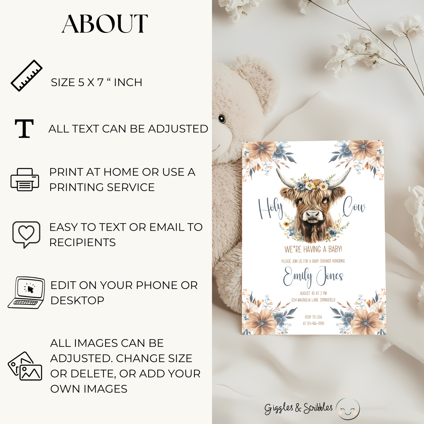 Baby Shower Invitation - Holy Cow Boho Highland Cow with Blue Flowers BS75