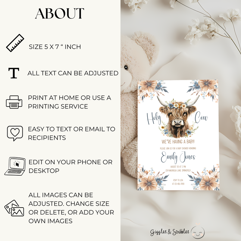 Baby Shower Invitation - Holy Cow Boho Highland Cow with Blue Flowers BS75