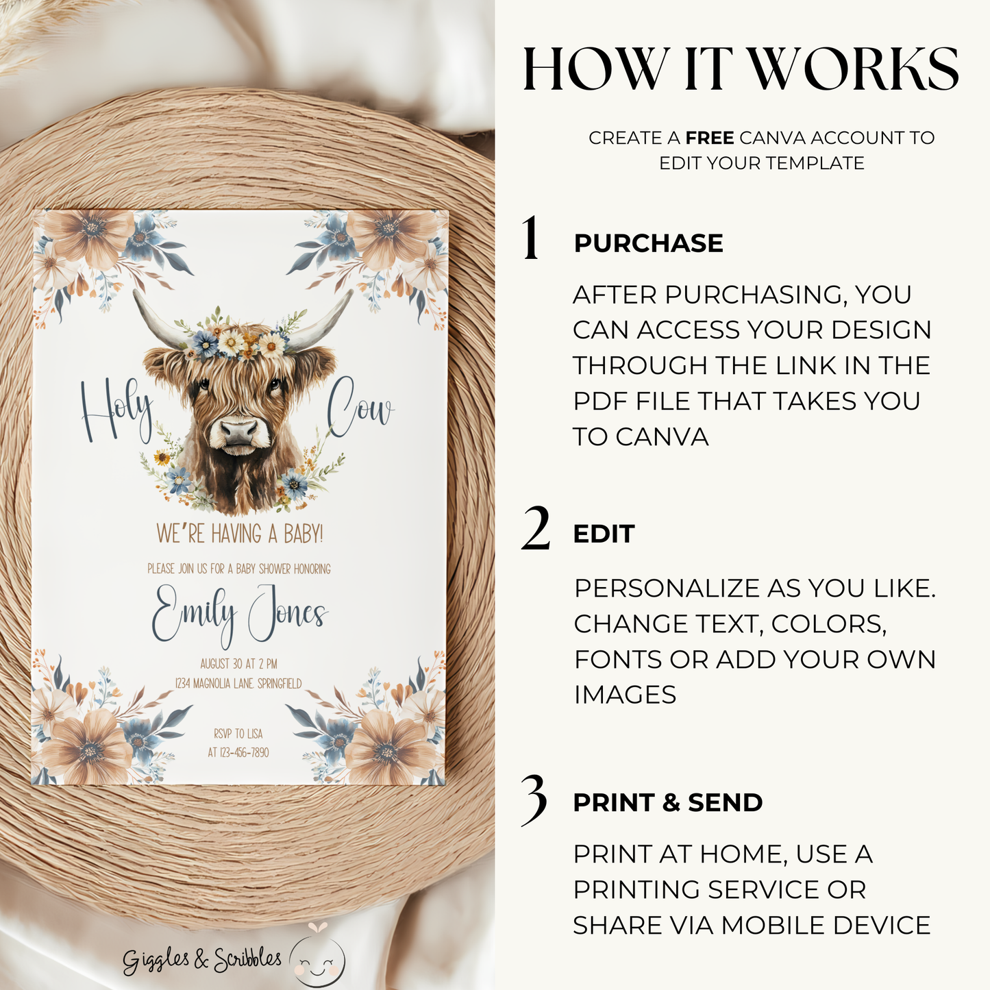 Baby Shower Invitation - Holy Cow Boho Highland Cow with Blue Flowers BS75