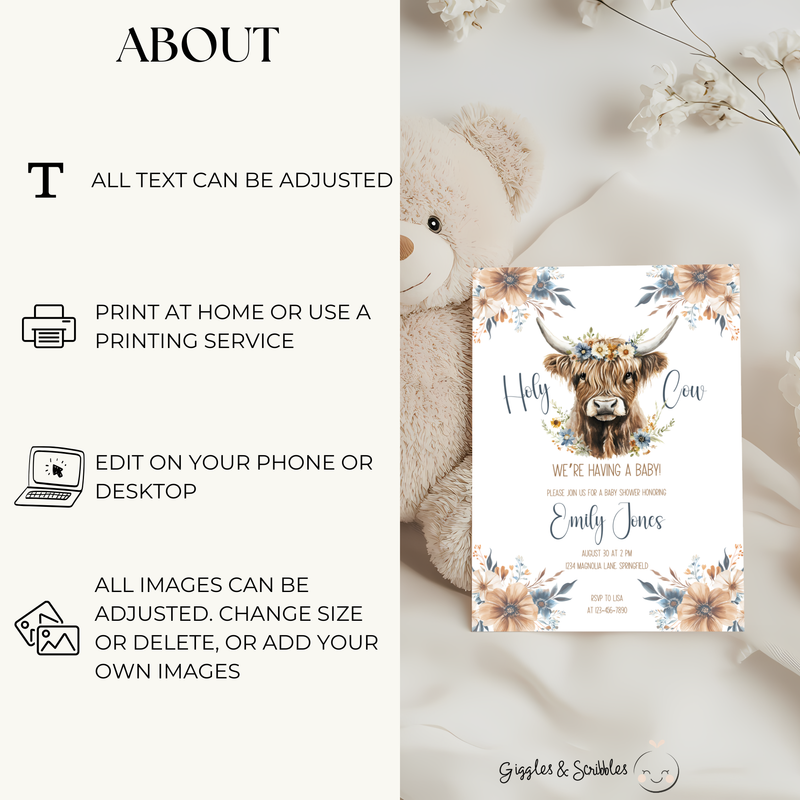 Baby Shower Invitation Bundle - Holy Cow Boho Highland Cow with Blue Flowers BS75