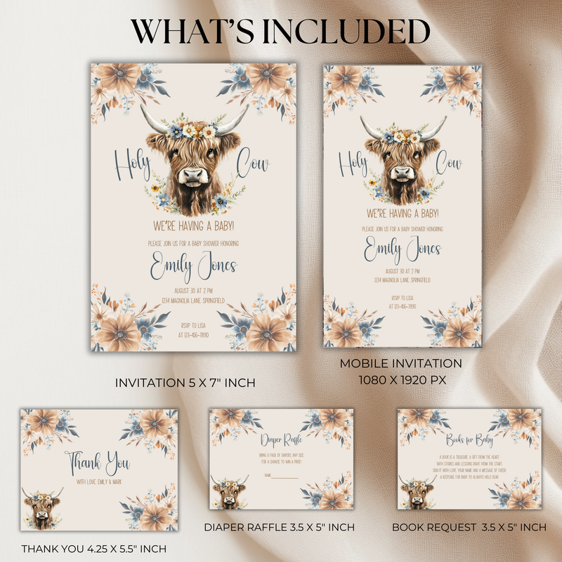Baby Shower Invitation Bundle - Holy Cow Boho Highland Cow with Blue Flowers BS75