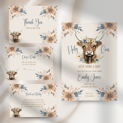 Baby Shower Invitation Bundle - Holy Cow Boho Highland Cow with Blue Flowers BS75