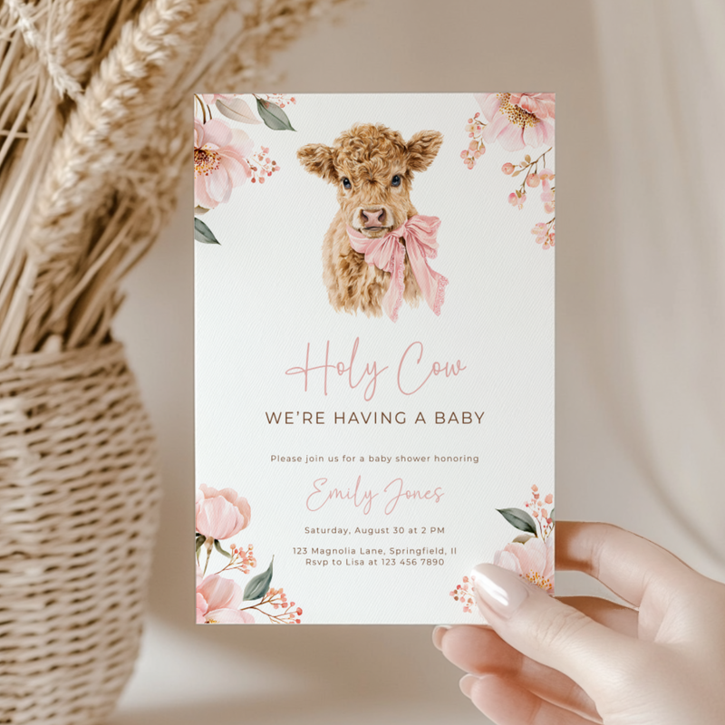 Pink Highland Holy Cow Baby Shower Invitation BS289
