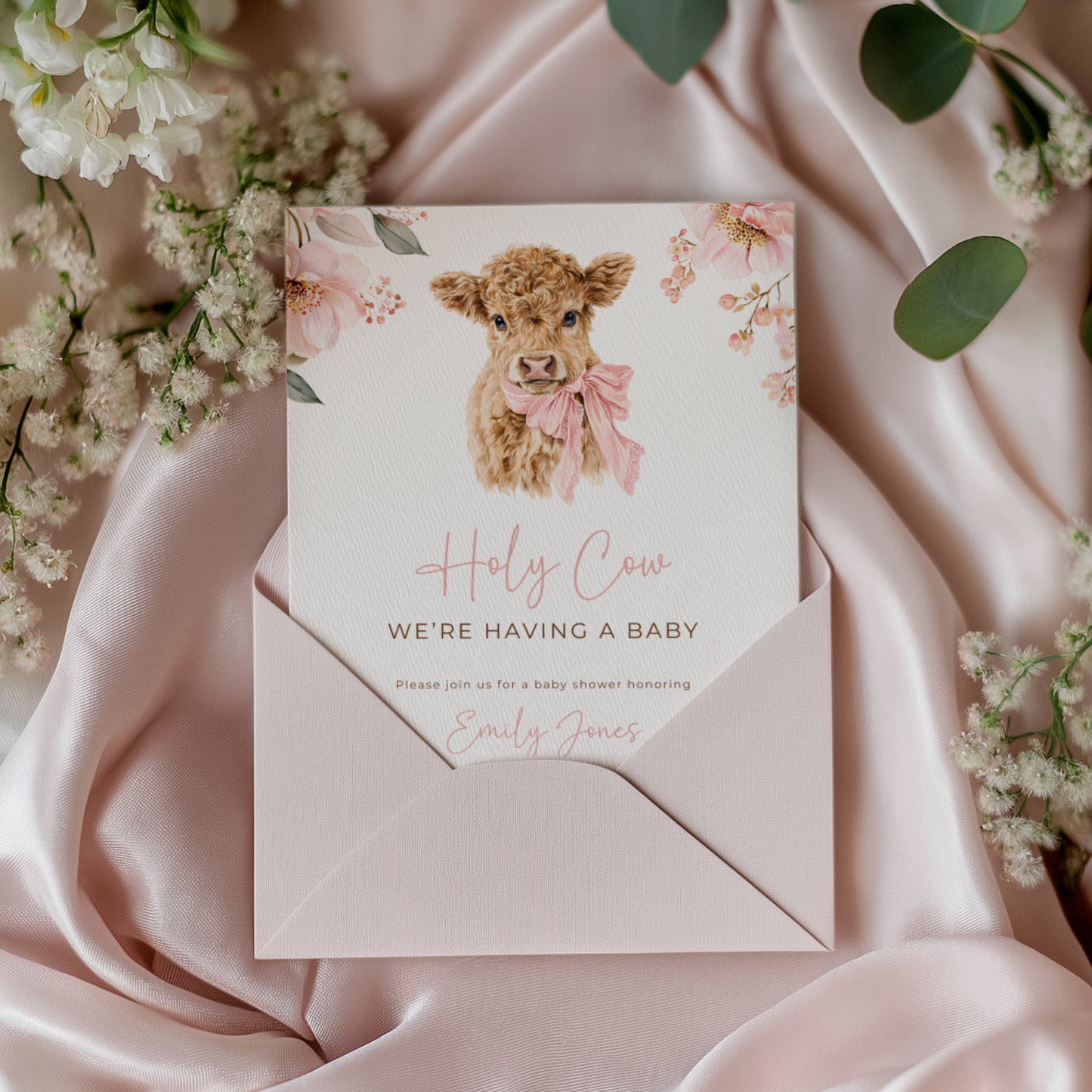 Pink Highland Holy Cow Baby Shower Invitation BS289