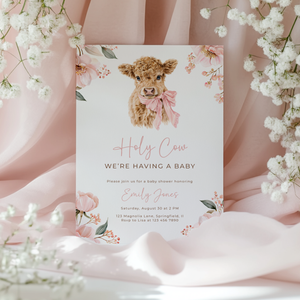 Pink Highland Holy Cow Baby Shower Invitation BS289