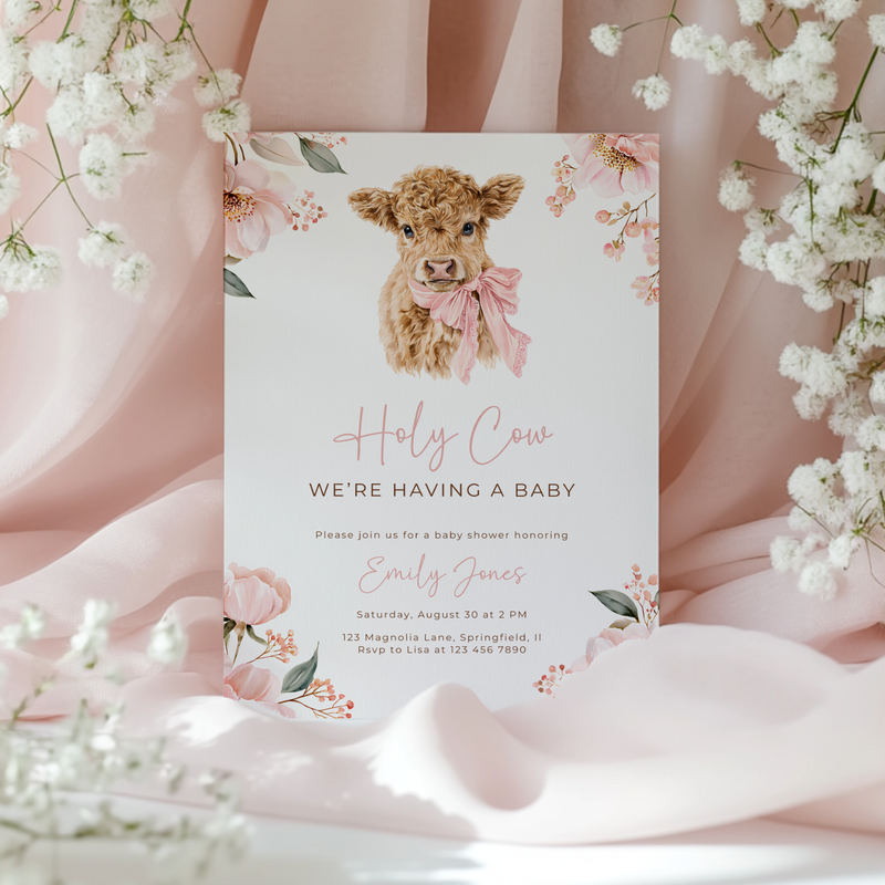 Pink Highland Holy Cow Baby Shower Invitation BS289