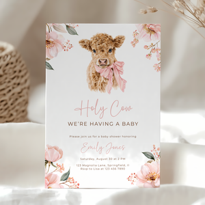 Pink Highland Holy Cow Baby Shower Invitation BS289