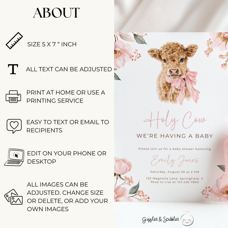 Holy Cow Girl Baby Shower Invitation Bundle BS289
