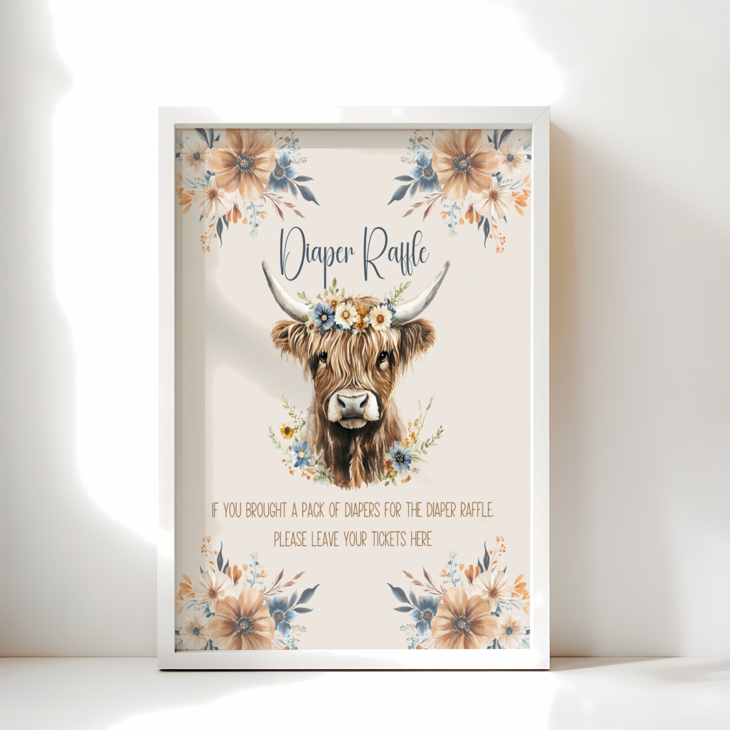 Baby Shower Table Sign Bundle - Holy Cow Boho Highland Cow Beige Blue Floral BS75