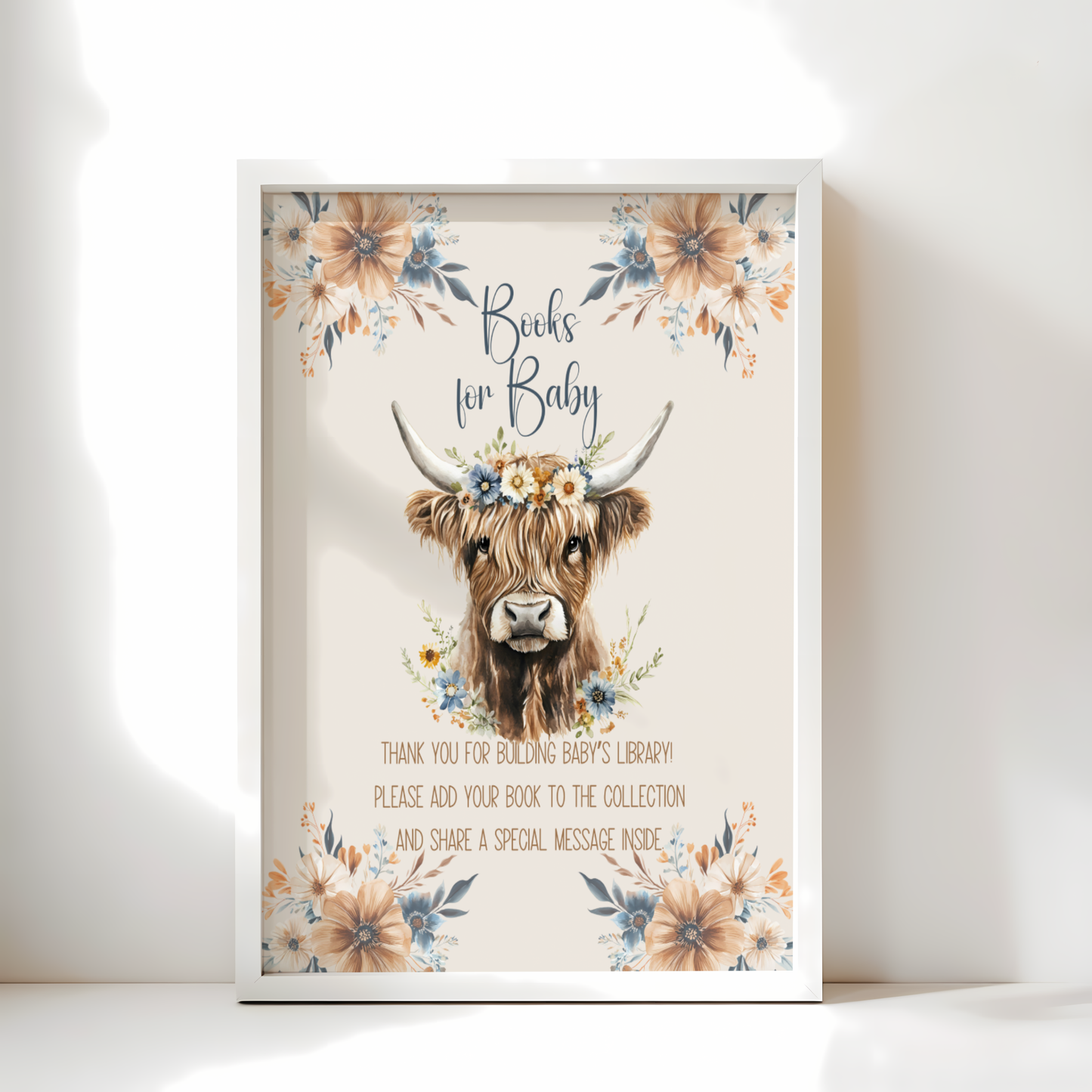 Baby Shower Table Sign Bundle - Holy Cow Boho Highland Cow Beige Blue Floral BS75
