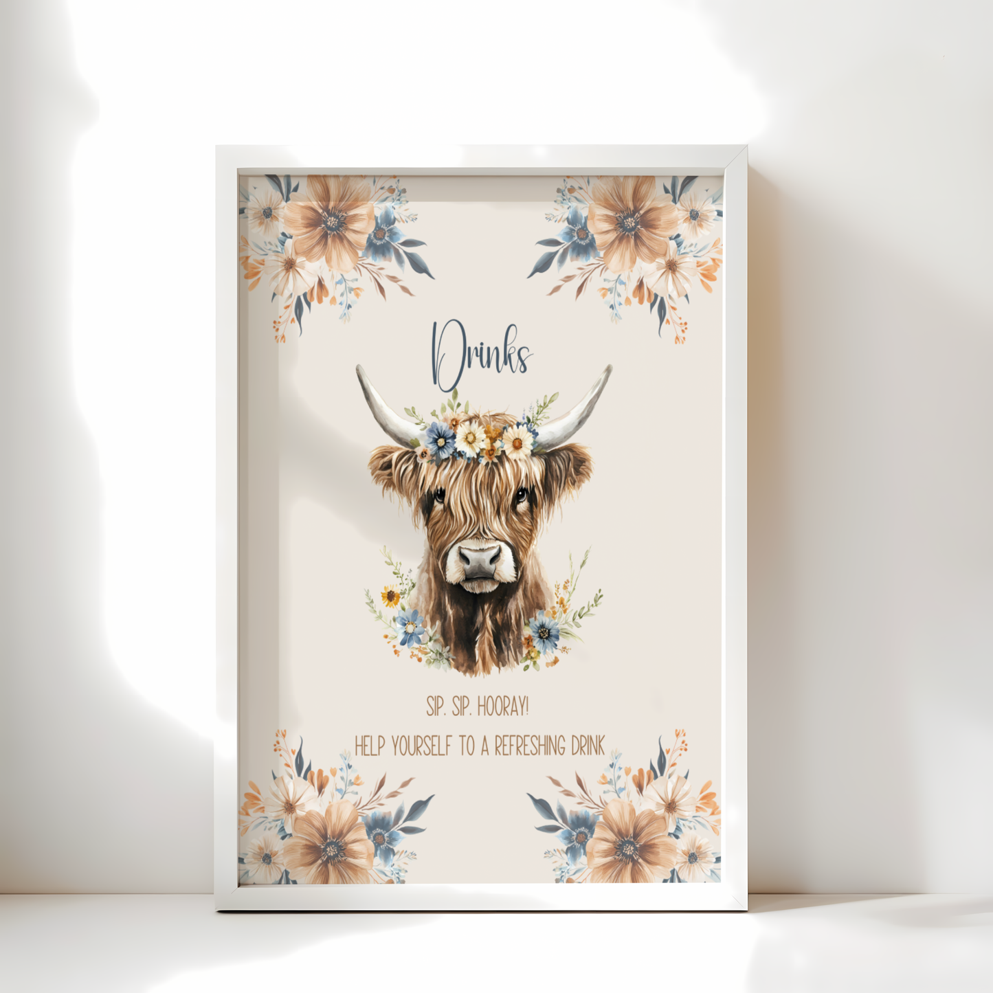 Baby Shower Table Sign Bundle - Holy Cow Boho Highland Cow Beige Blue Floral BS75
