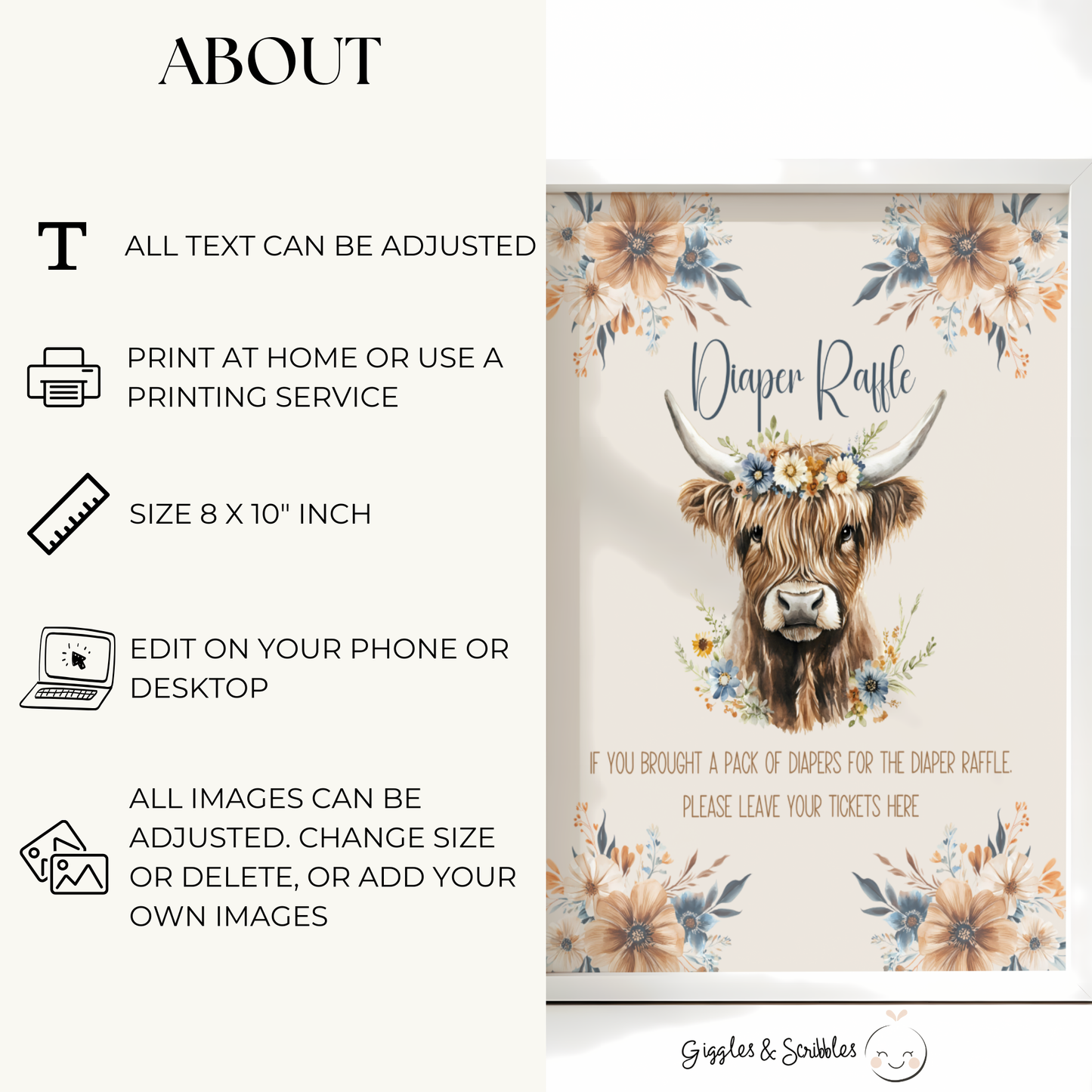 Baby Shower Table Sign Bundle - Holy Cow Boho Highland Cow Beige Blue Floral BS75
