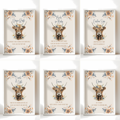 Baby Shower Table Sign Bundle - Holy Cow Boho Highland Cow Beige Blue Floral BS75