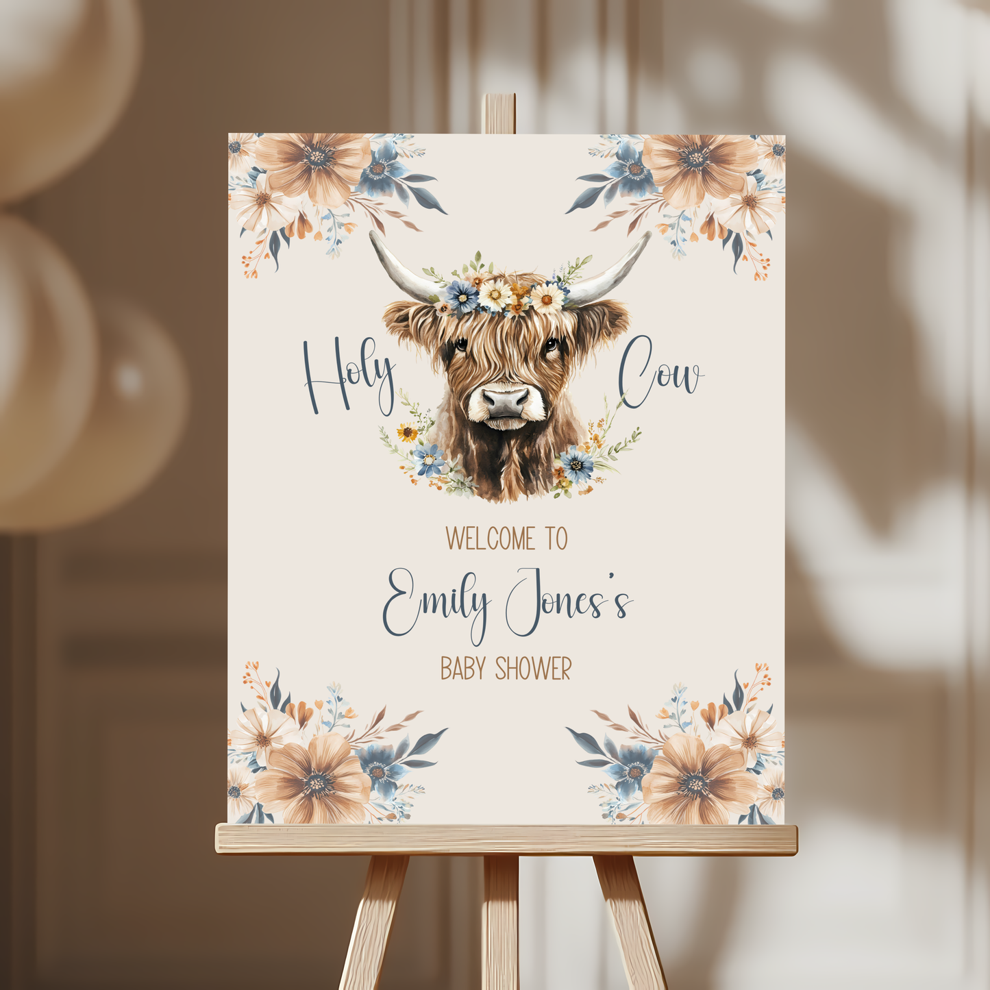 Baby Shower Welcome Sign - Holy Cow Boho Highland Cow with Blue Flowers BS75