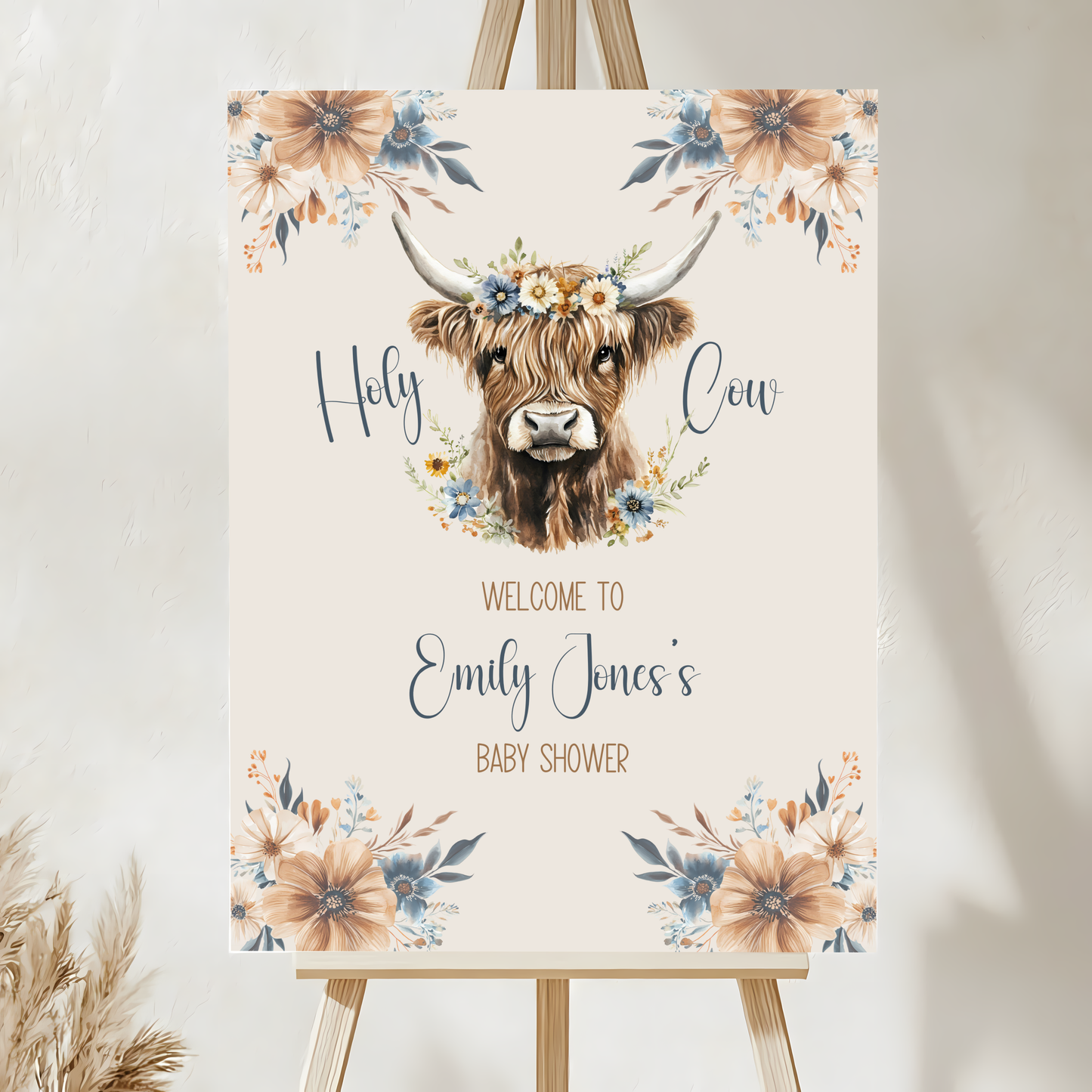 Baby Shower Welcome Sign - Holy Cow Boho Highland Cow with Blue Flowers BS75