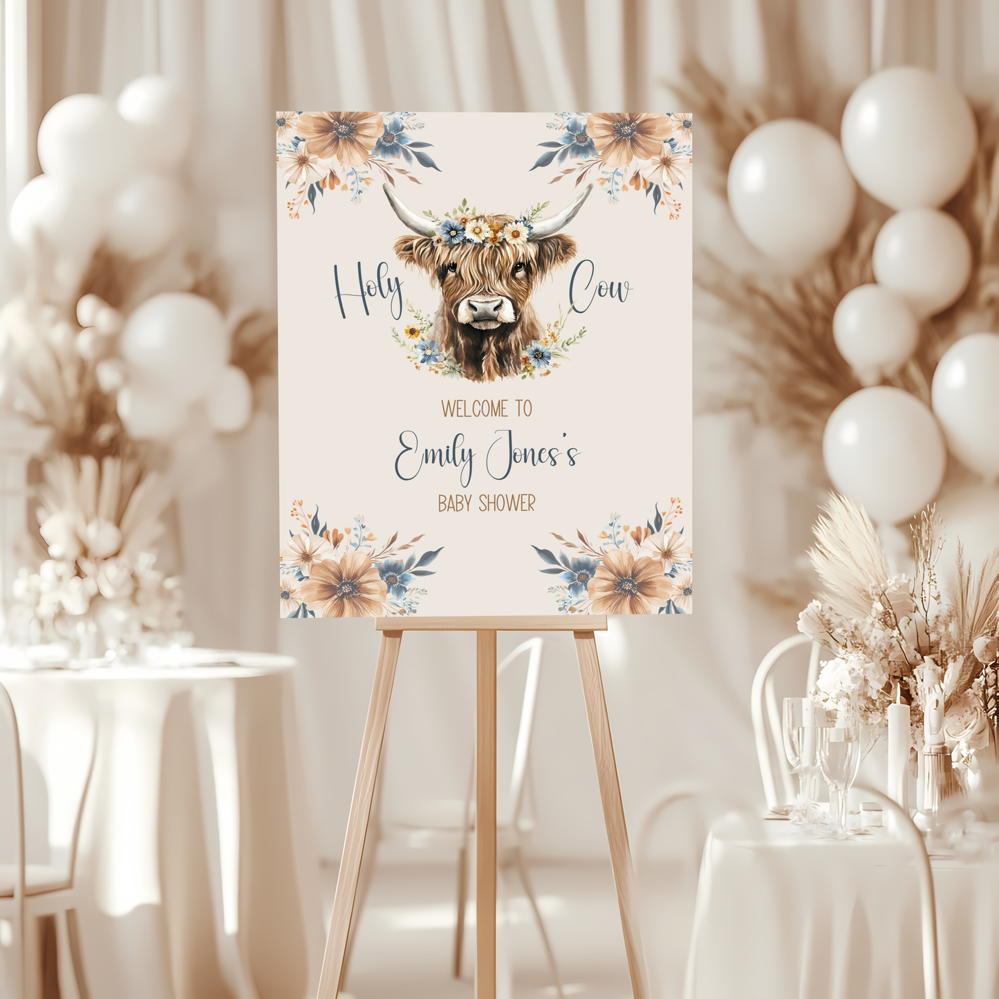 Baby Shower Welcome Sign - Holy Cow Boho Highland Cow with Blue Flowers BS75