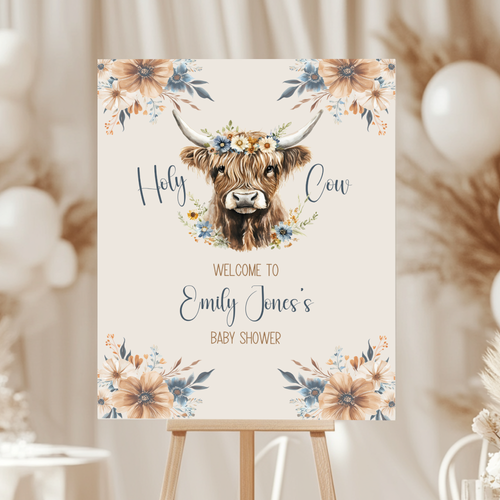 Baby Shower Welcome Sign - Holy Cow Boho Highland Cow with Blue Flowers BS75
