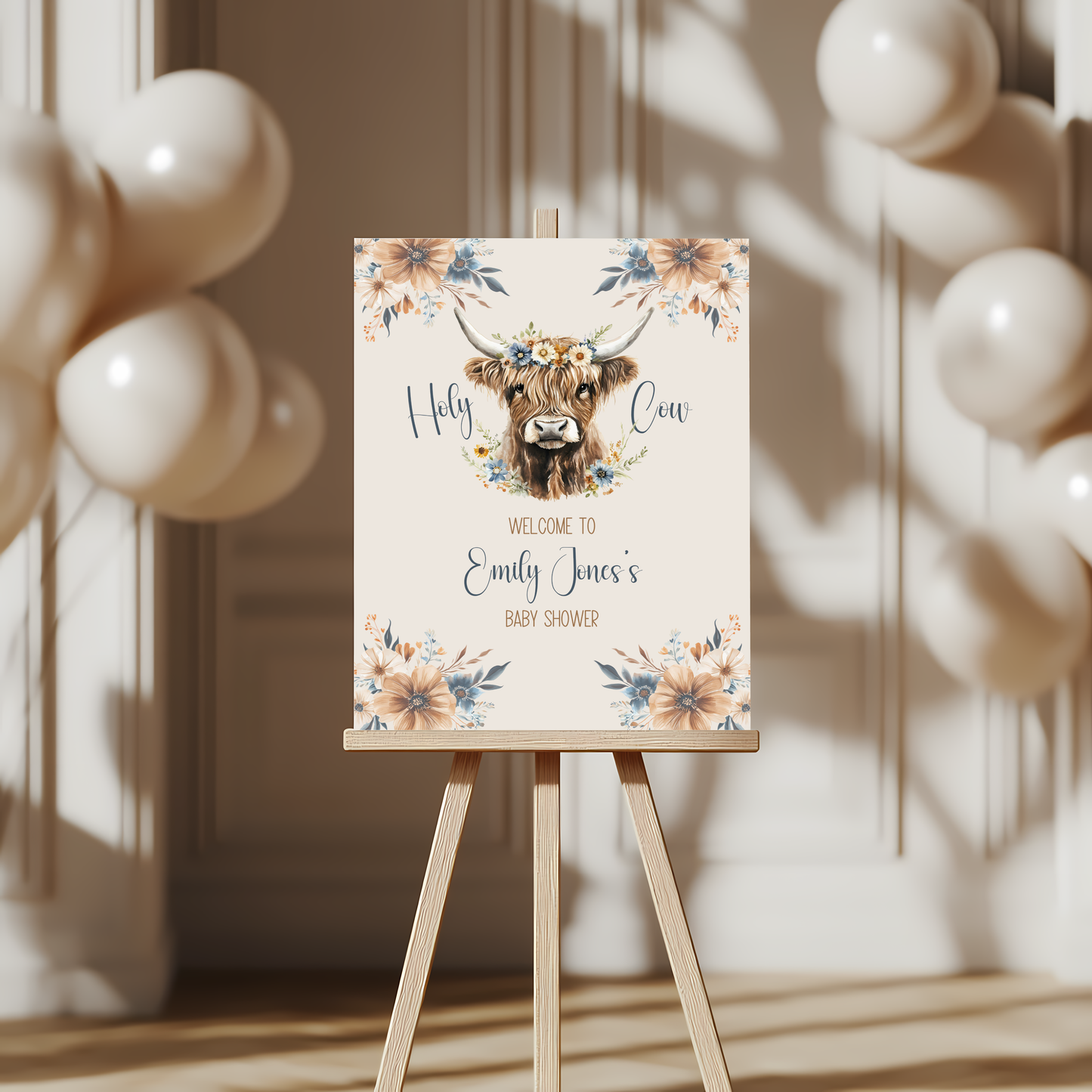Baby Shower Welcome Sign - Holy Cow Boho Highland Cow with Blue Flowers BS75
