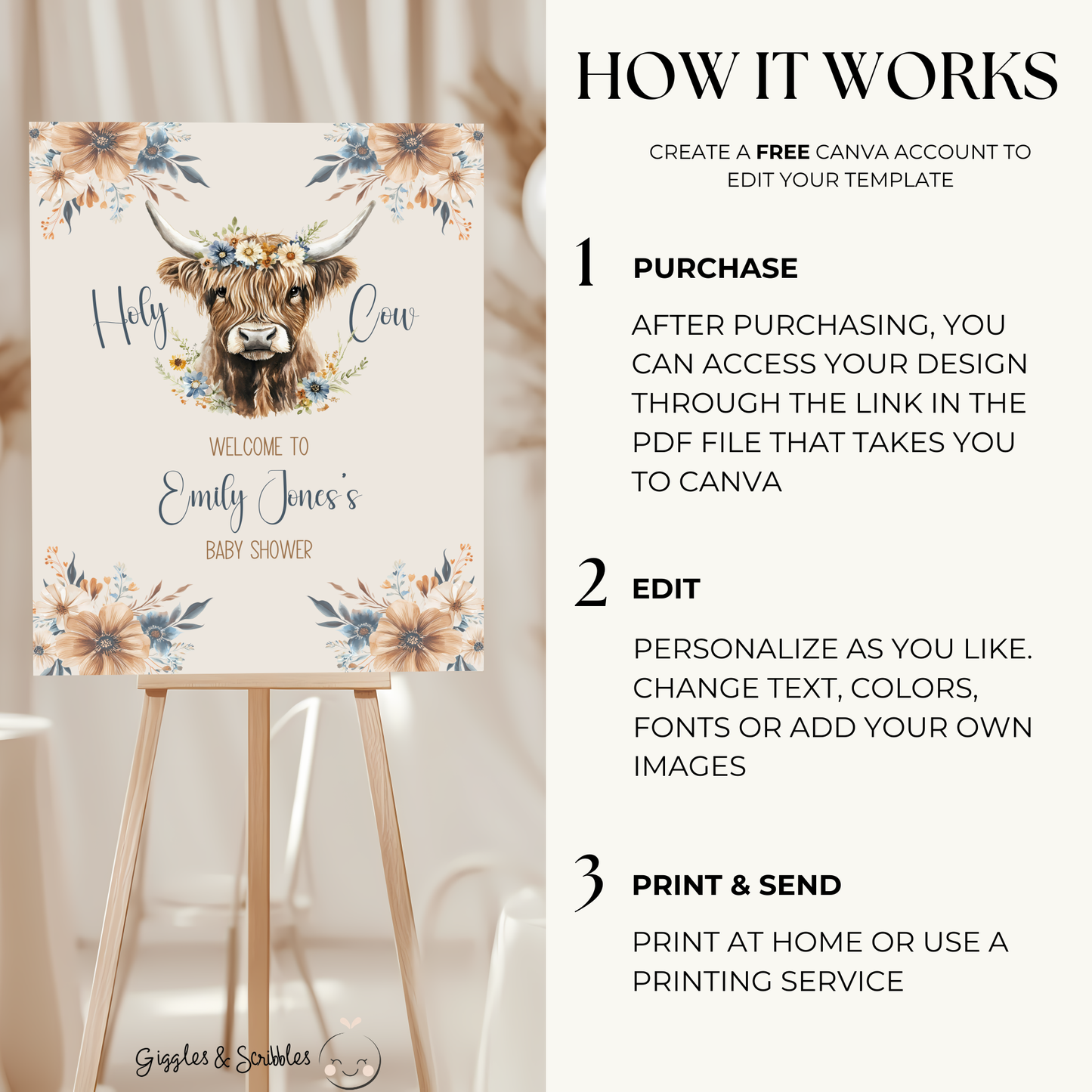Baby Shower Welcome Sign - Holy Cow Boho Highland Cow with Blue Flowers BS75