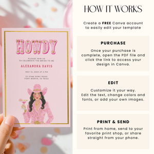 Cowgirl Bachelorette Party Invitation - Pink Western Rodeo Bride Invite L127