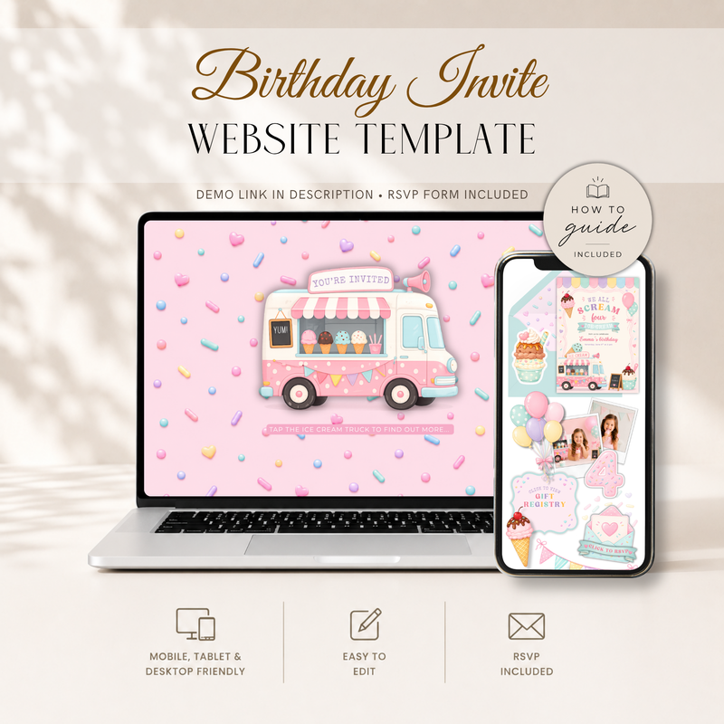 Ice Cream 4th Birthday Invitation Website with RSVP L139