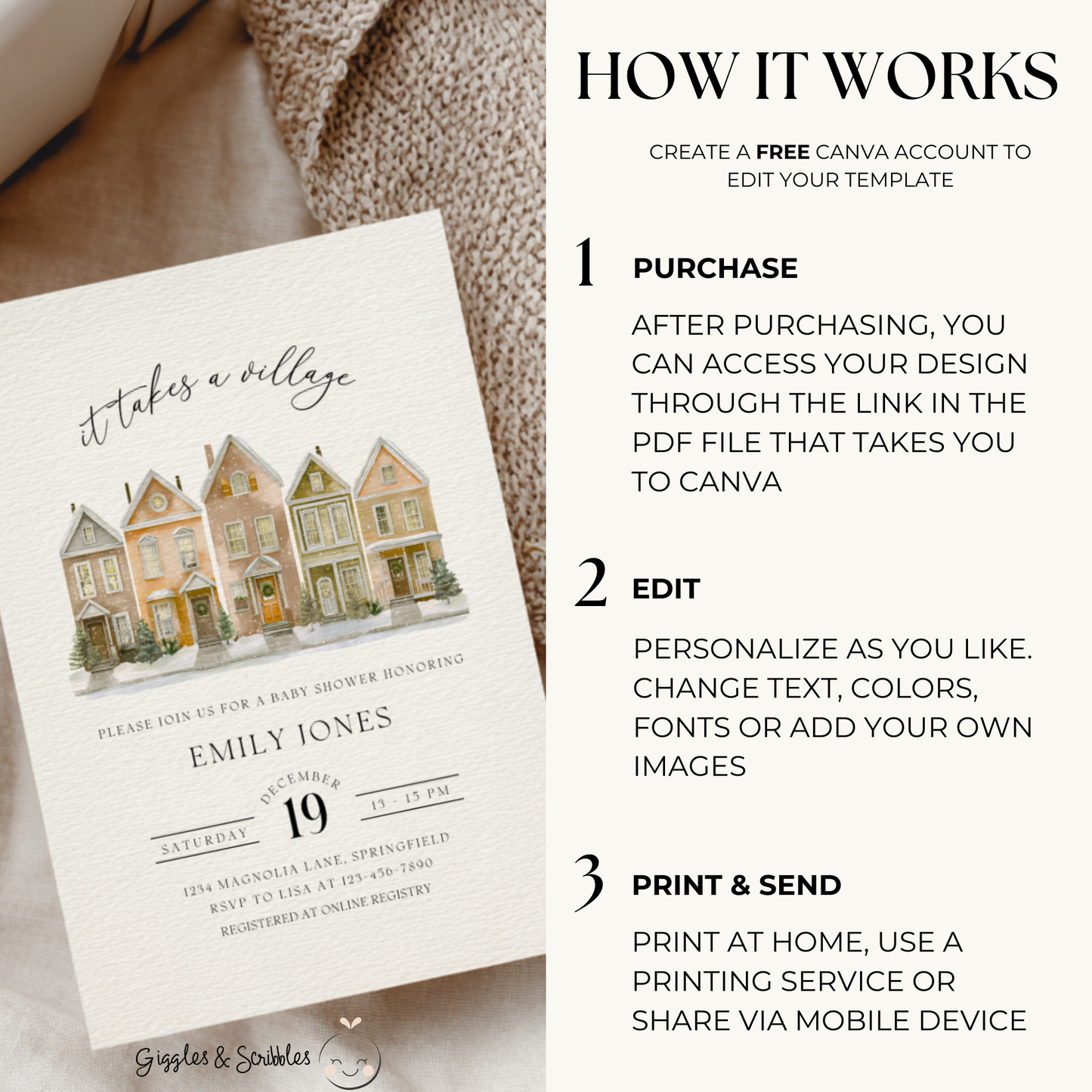 Baby Shower Invitation - It Takes A Village Christmas Snowy Village BS249