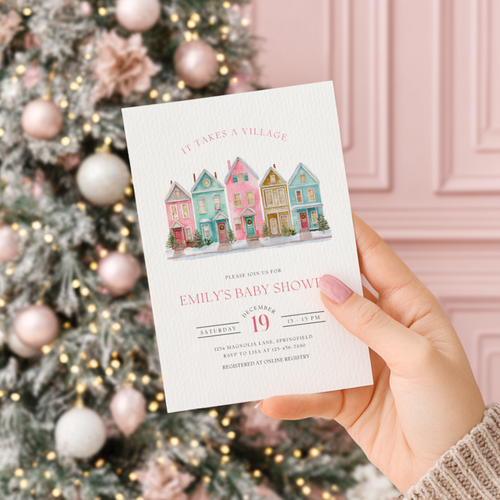 Baby Shower Invitation - It Takes A Village Christmas Pastel BS248