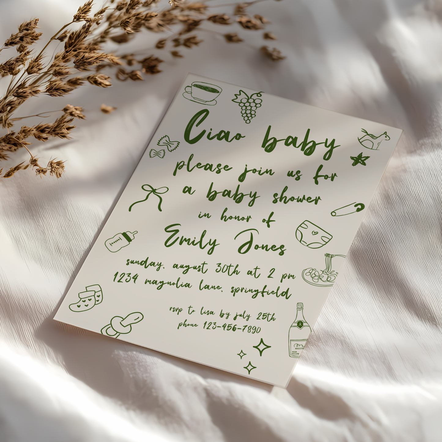Baby Shower Invitation - Ciao Baby Italian Green Lunch Dinner Party BS119