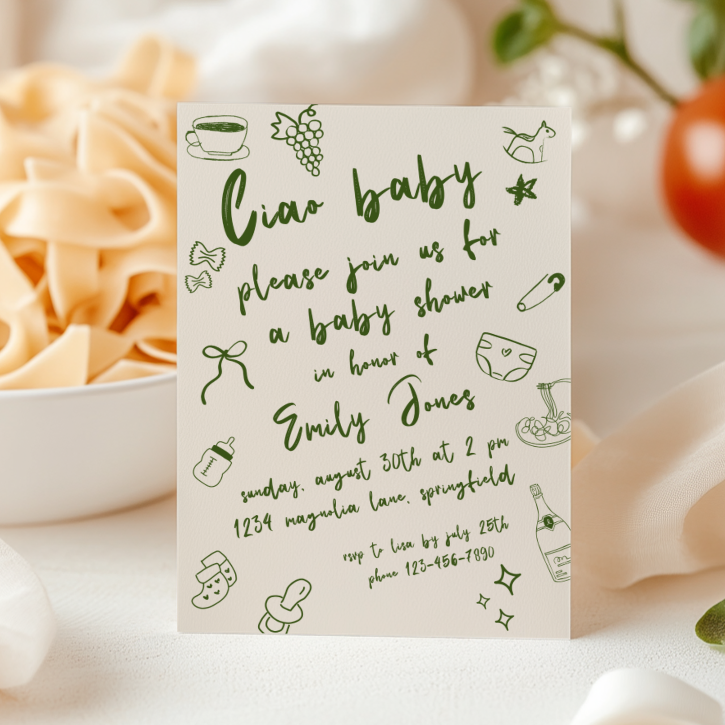 Baby Shower Invitation - Ciao Baby Italian Green Lunch Dinner Party BS119