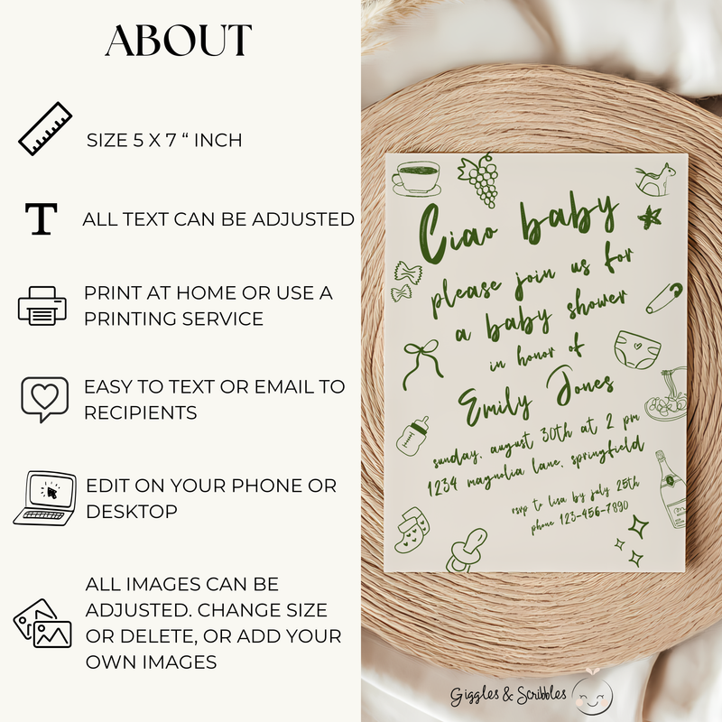Baby Shower Invitation - Ciao Baby Italian Green Lunch Dinner Party BS119