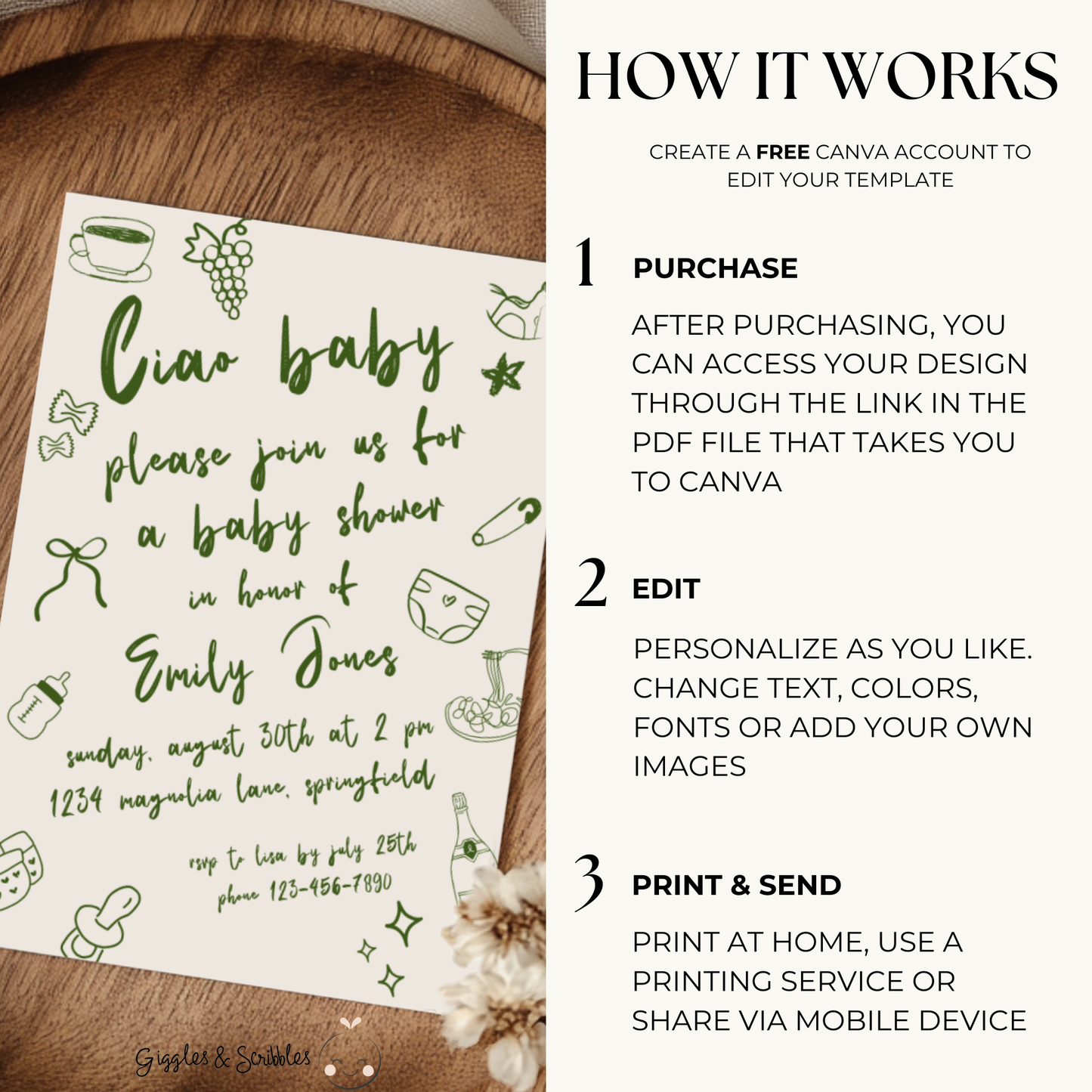 Baby Shower Invitation - Ciao Baby Italian Green Lunch Dinner Party BS119