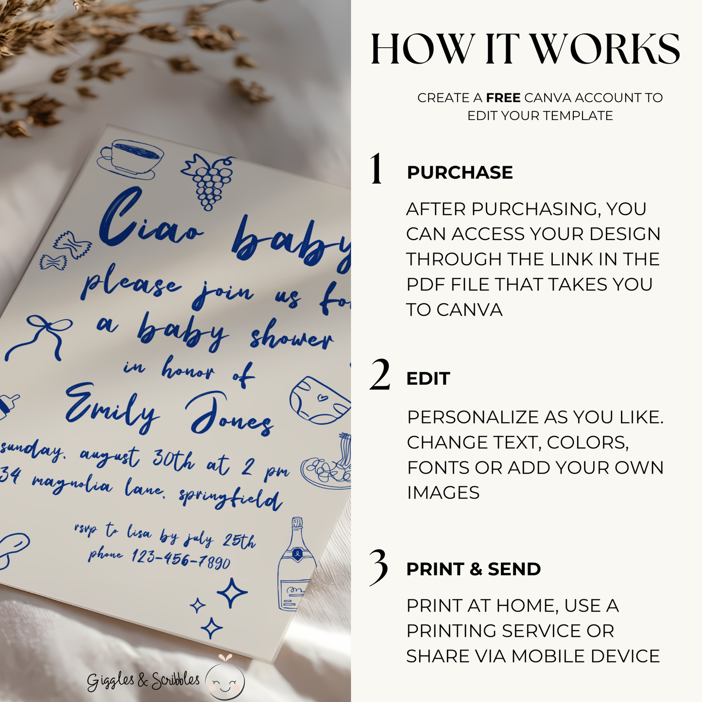 Baby Shower Invitation - Ciao Bambino Italian Blue Lunch Dinner Party BS119