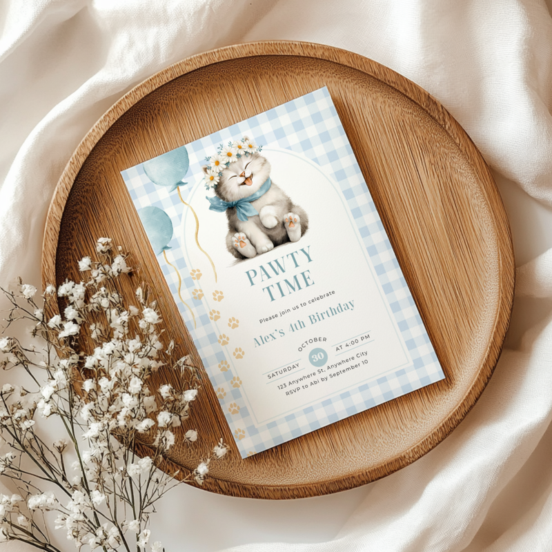Kitten Pawty Birthday Invitation - Blue Gingham L131