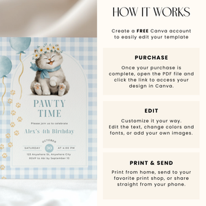 Kitten Pawty Birthday Invitation - Blue Gingham L131