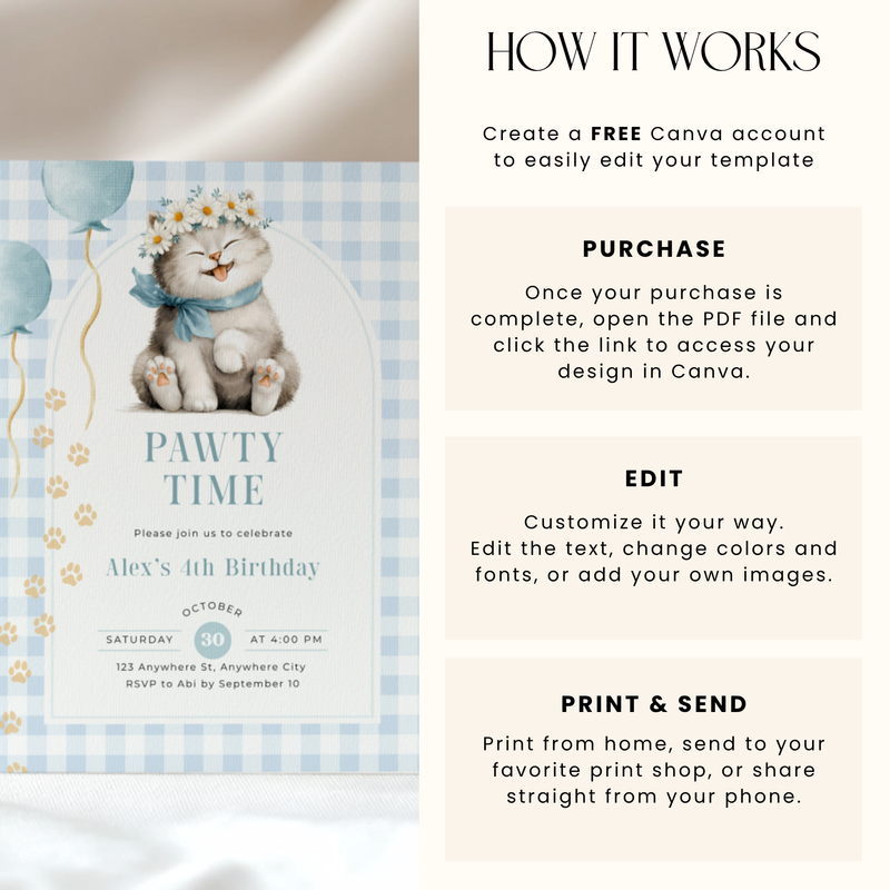 Kitten Pawty Birthday Invitation - Blue Gingham L131