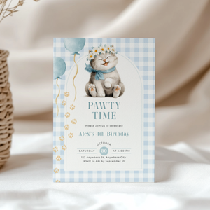 Kitten Pawty Birthday Invitation - Blue Gingham L131
