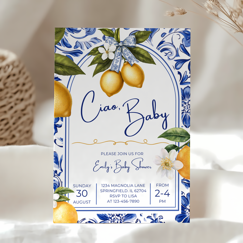 Baby Shower Invitation - Mediterranean Lemons Ciao Baby Citrus Blue Tiles BS102