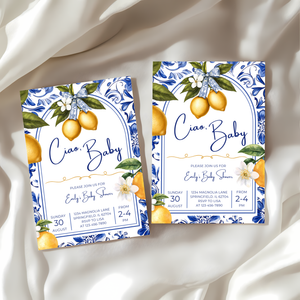 Baby Shower Invitation - Mediterranean Lemons Ciao Baby Citrus Blue Tiles BS102