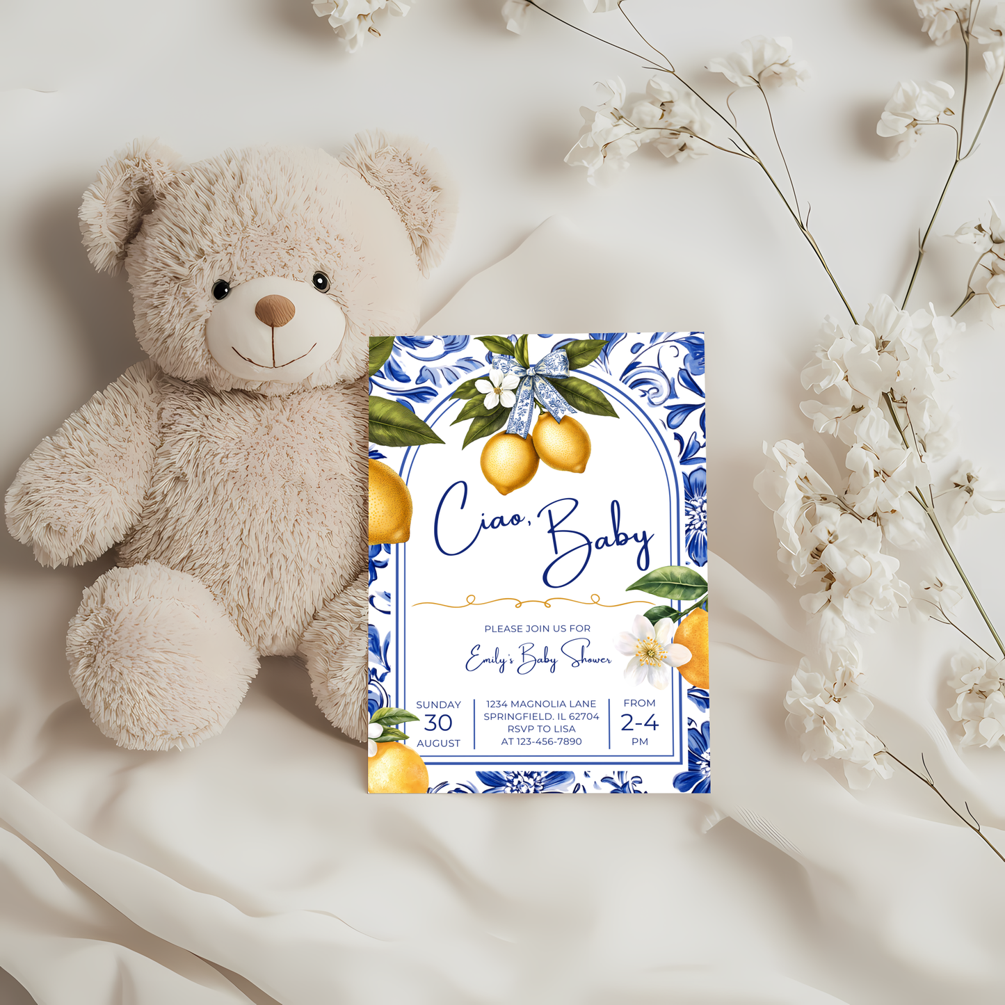 Baby Shower Invitation - Mediterranean Lemons Ciao Baby Citrus Blue Tiles BS102