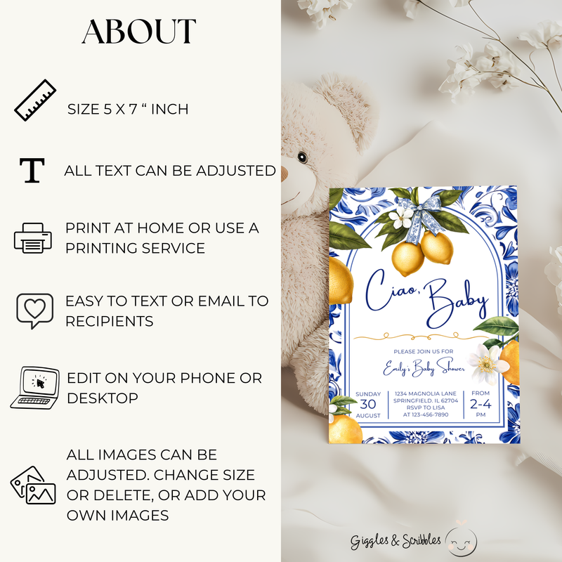 Baby Shower Invitation - Mediterranean Lemons Ciao Baby Citrus Blue Tiles BS102