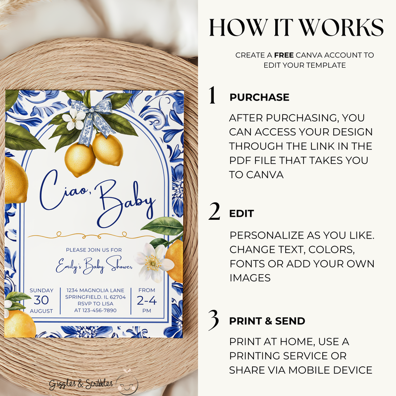 Baby Shower Invitation - Mediterranean Lemons Ciao Baby Citrus Blue Tiles BS102