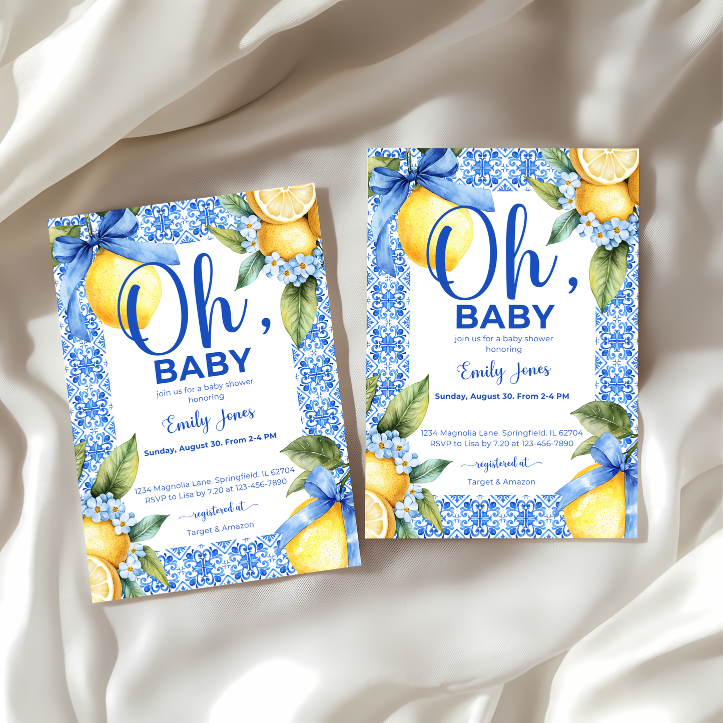 Baby Shower Invitation - Lemon Blue Mediterranean Tiles BS103