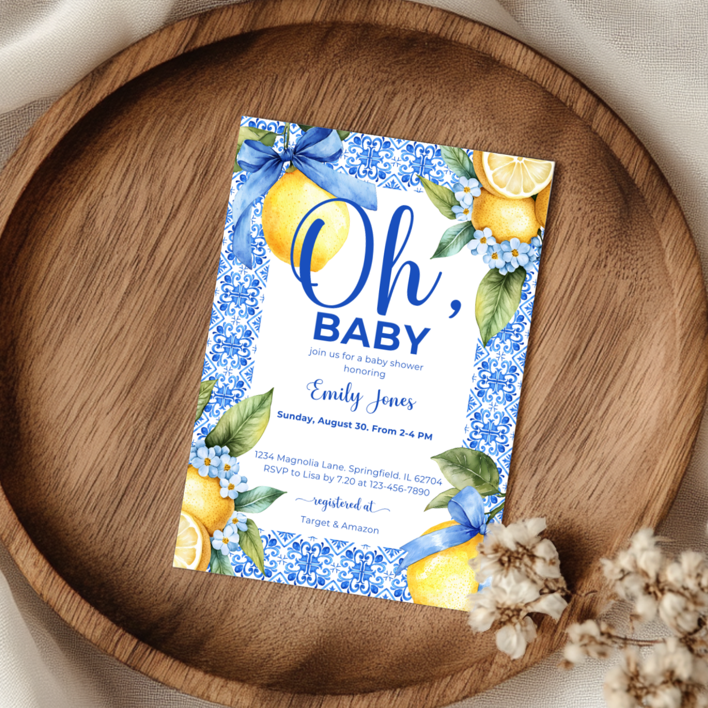 Baby Shower Invitation - Lemon Blue Mediterranean Tiles BS103