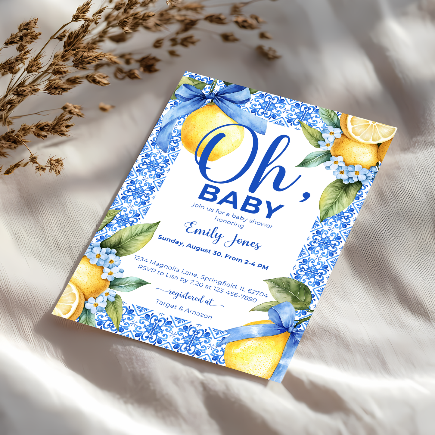 Baby Shower Invitation - Lemon Blue Mediterranean Tiles BS103