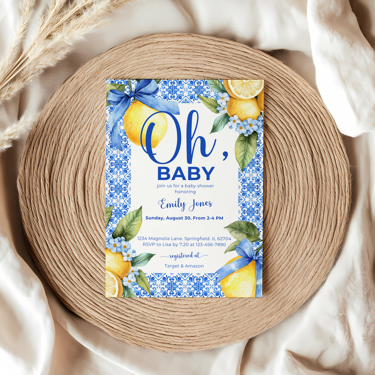 Baby Shower Invitation - Lemon Blue Mediterranean Tiles BS103