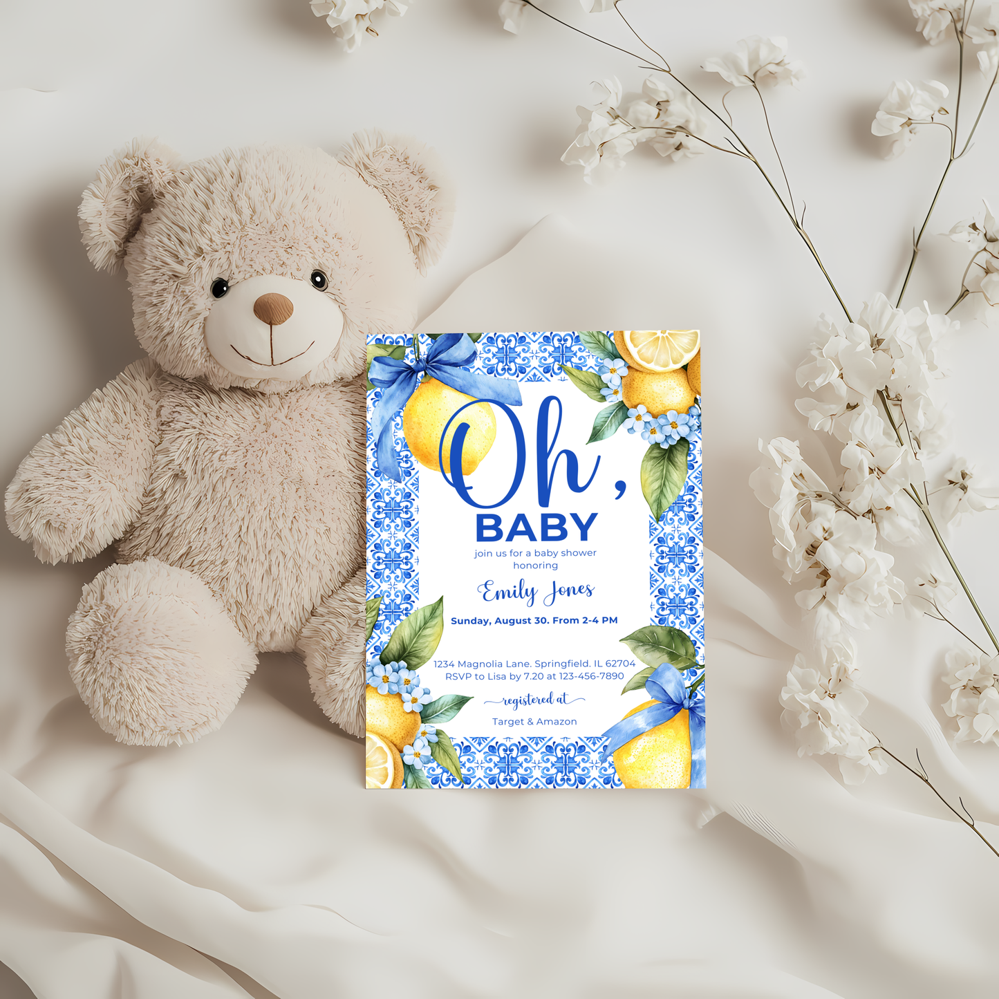 Baby Shower Invitation - Lemon Blue Mediterranean Tiles BS103